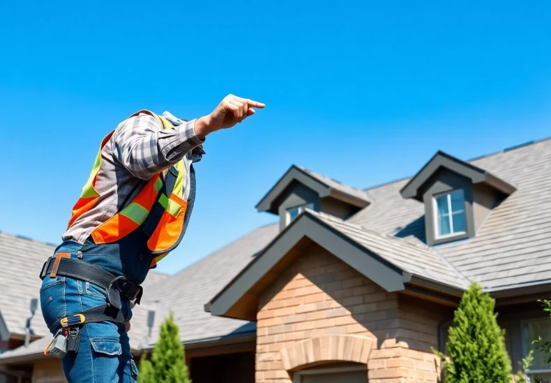 Highlighting reliable roofing services with a contractor inspecting a residential roof, ensuring quality.