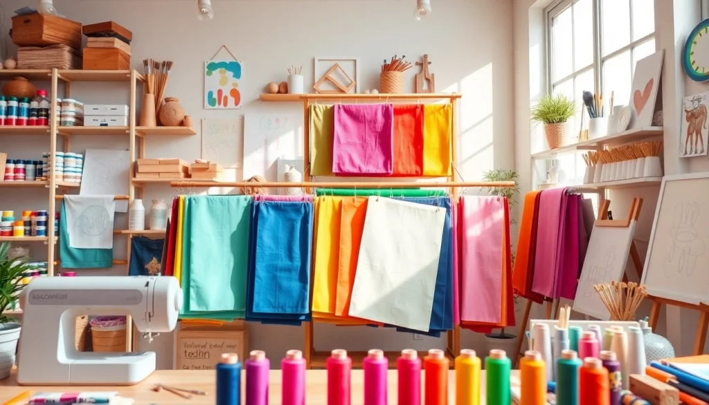 Canvasstoffen in een kleurrijke studio met een naaimachine en creatieve materialen.