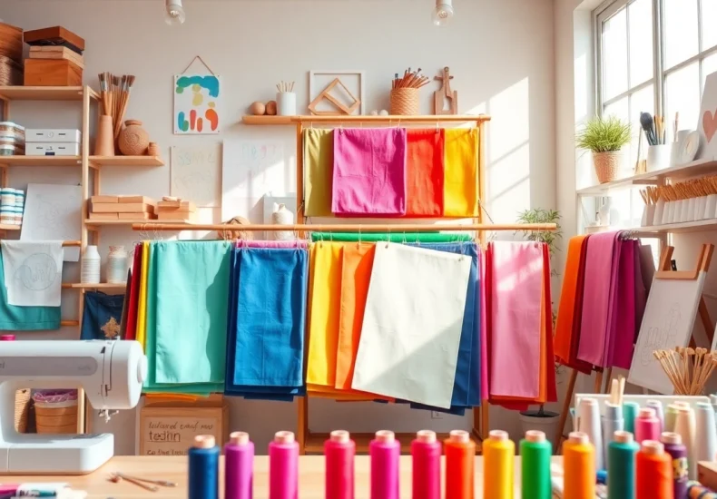 Canvasstoffen in een kleurrijke studio met een naaimachine en creatieve materialen.
