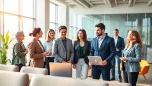 Engaging scene depicting a free job post chicago with diverse professionals networking in a bright office.
