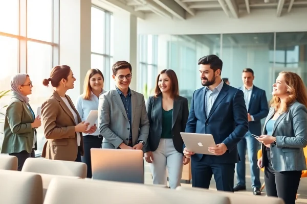 Engaging scene depicting a free job post chicago with diverse professionals networking in a bright office.