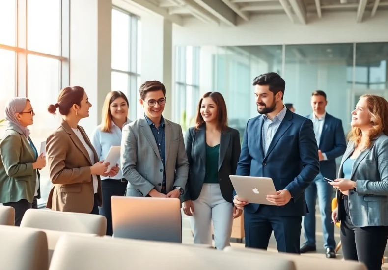 Engaging scene depicting a free job post chicago with diverse professionals networking in a bright office.