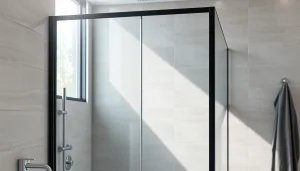 Visualisez la paroi de douche 150x200 en verre moderne intégrée dans une salle de bain élégante.