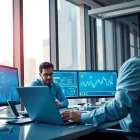 Expert analyzing data on Technology systems in a modern office setting.