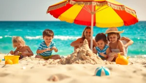 Cabo family activities at the beach with children building sandcastles and parents relaxing.