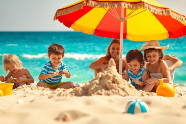Cabo family activities at the beach with children building sandcastles and parents relaxing.