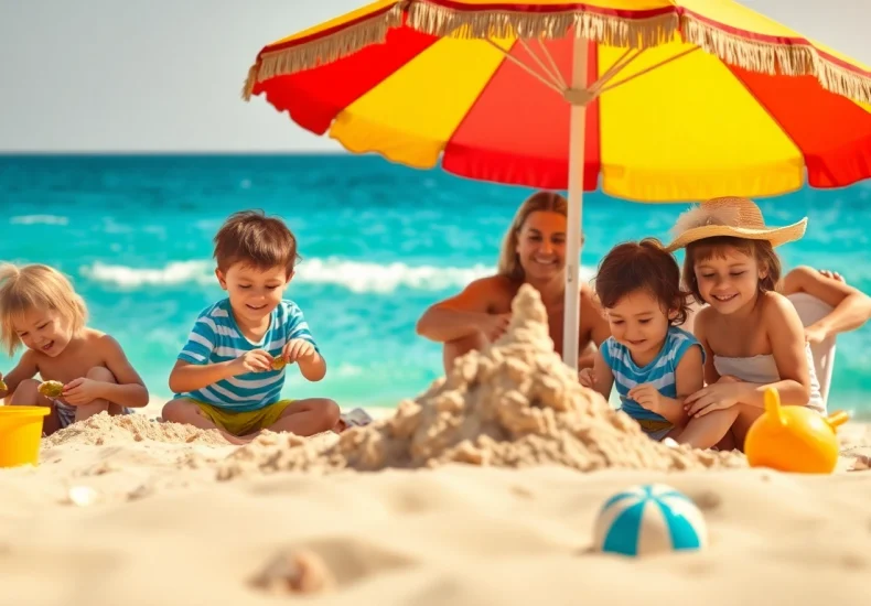 Cabo family activities at the beach with children building sandcastles and parents relaxing.
