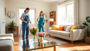 View of a professional Cleaning Service in action, as a team organizes and cleans a bright living room space.