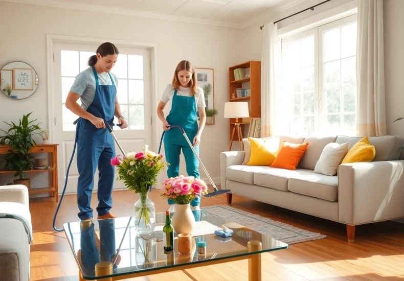 View of a professional Cleaning Service in action, as a team organizes and cleans a bright living room space.
