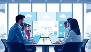 Engaging cloud migration services team collaborating on data flow diagrams and cloud architecture.