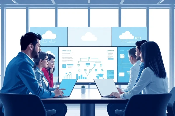 Engaging cloud migration services team collaborating on data flow diagrams and cloud architecture.
