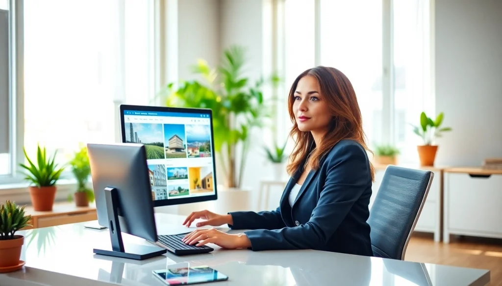 Real Estate agent reviewing market trends in a bright, modern office setting.