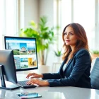 Real Estate agent reviewing market trends in a bright, modern office setting.