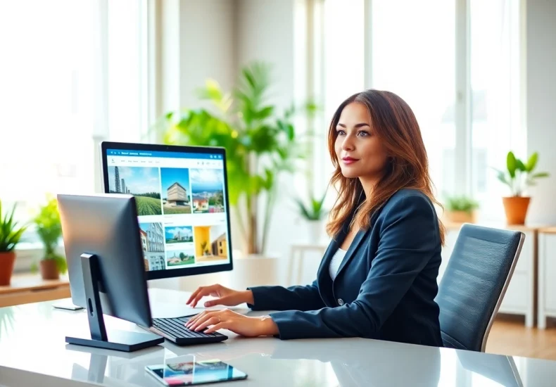 Real Estate agent reviewing market trends in a bright, modern office setting.