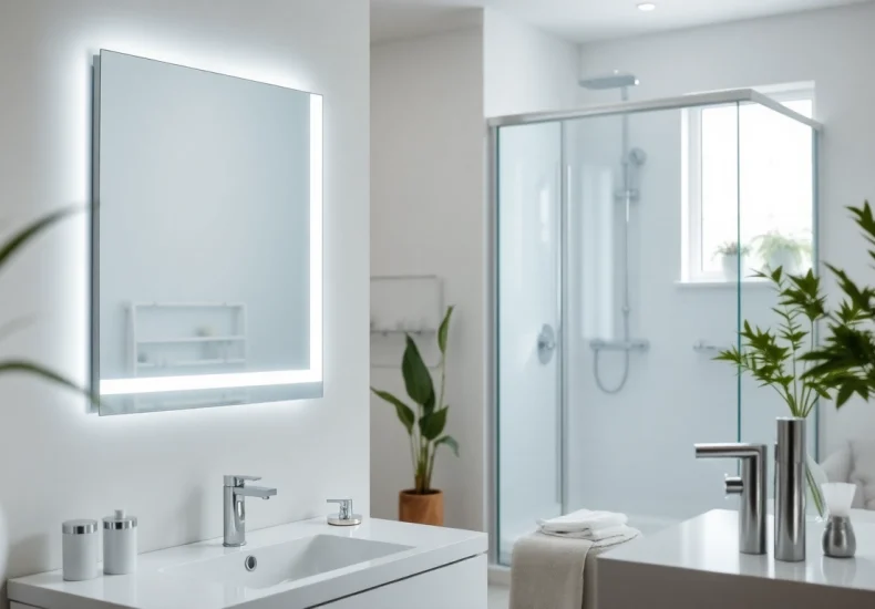 Aménagez votre salle de bain avec sirhona France, miroir LED élégant et cabine de douche moderne.