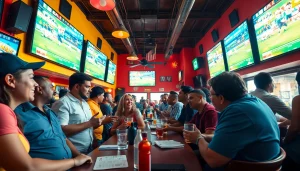 People enjoying sports betting in Mexico at a vibrant bar scene, highlighting interactions and excitement.