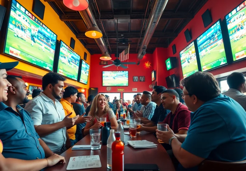 People enjoying sports betting in Mexico at a vibrant bar scene, highlighting interactions and excitement.