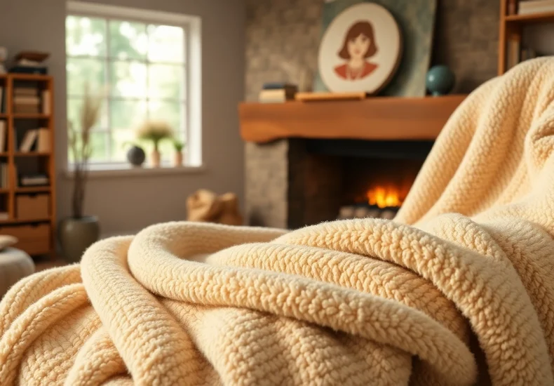 Fleece deken over een moderne stoel in een gezellige woonkamer, warm en uitnodigend.