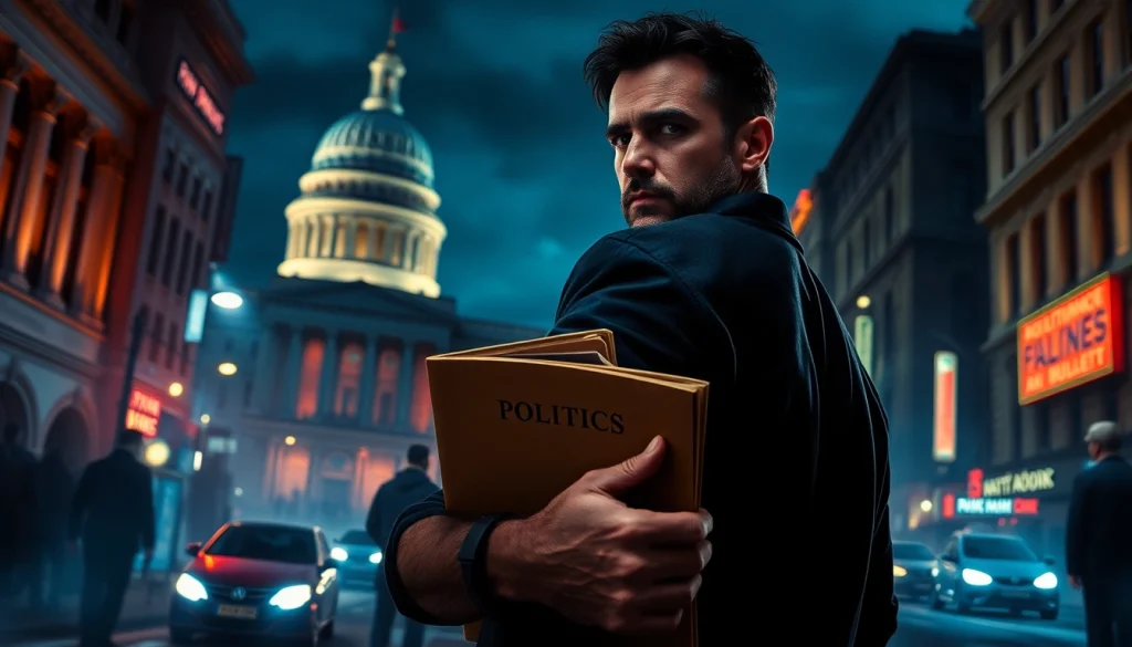 Action-packed scene highlighting Politics Thieves and Bullets in a dramatic urban setting.