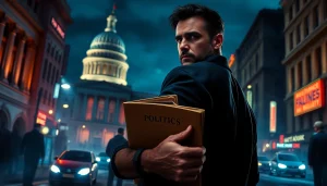 Action-packed scene highlighting Politics Thieves and Bullets in a dramatic urban setting.