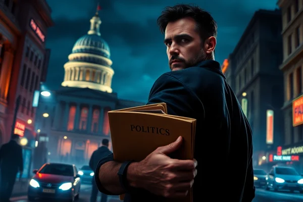 Action-packed scene highlighting Politics Thieves and Bullets in a dramatic urban setting.