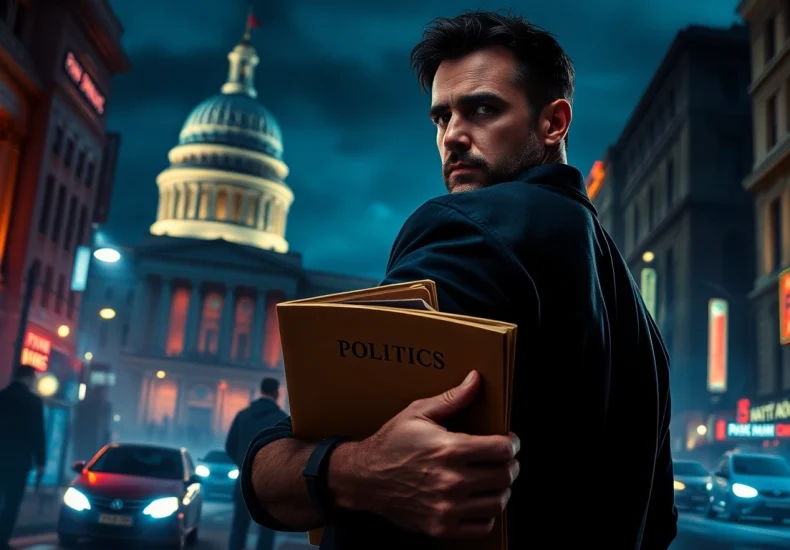 Action-packed scene highlighting Politics Thieves and Bullets in a dramatic urban setting.