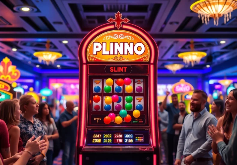 Menangkan permainan plinko slot saat bola jatuh di mesin slot yang berwarna-warni.