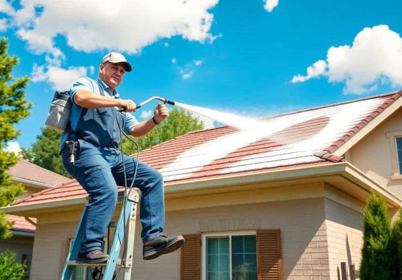 Professional roof cleaning in progress, showcasing expert techniques for effective grime removal.