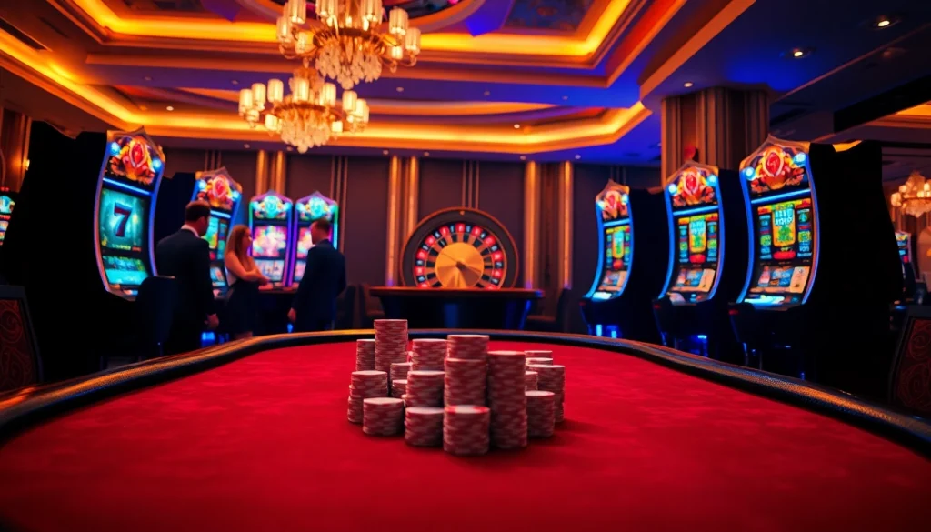 Exciting casino scene at https://nhacaita88.contact/ with players at a poker table and spinning roulette wheel.