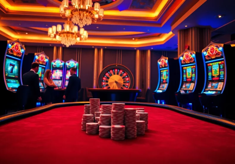 Exciting casino scene at https://nhacaita88.contact/ with players at a poker table and spinning roulette wheel.
