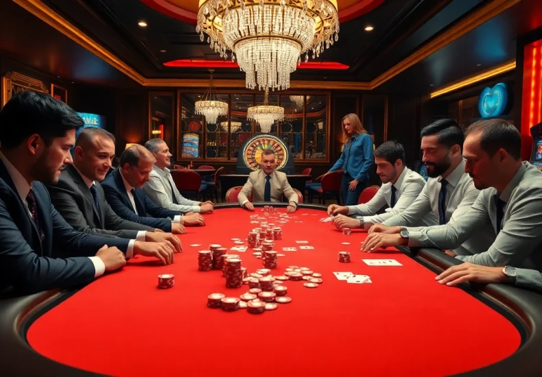 S8 casino players enjoying a high-stakes poker game at an elegant table.