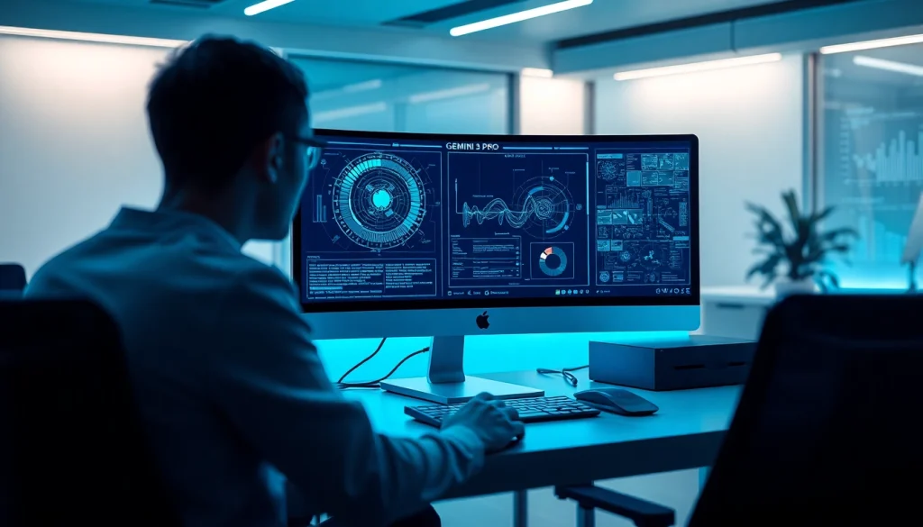 Experience the advanced capabilities of Gemini 3 Pro with a futuristic workspace showcasing innovation and technology.