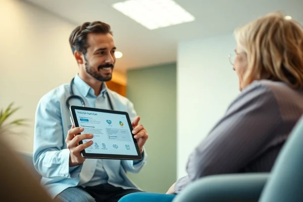 Advanced health plan consultation between a healthcare professional and a patient in a modern clinic.