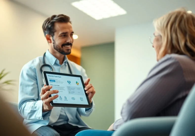 Advanced health plan consultation between a healthcare professional and a patient in a modern clinic.