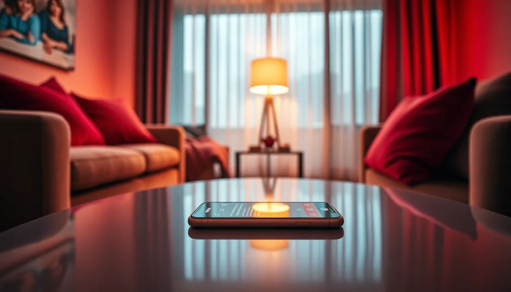 The scene of an inviting space showcasing AI sexting on a smartphone, capturing intimacy and modern relationships.