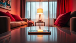 The scene of an inviting space showcasing AI sexting on a smartphone, capturing intimacy and modern relationships.