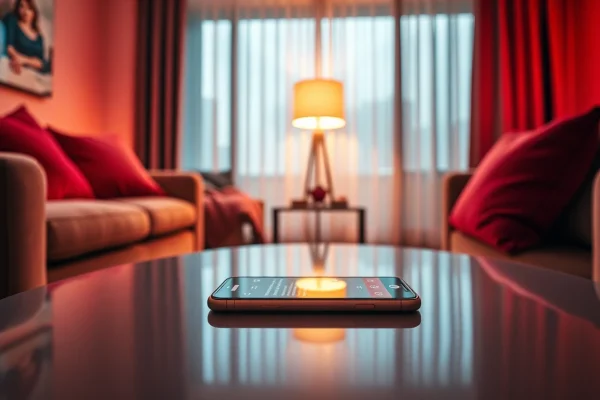 The scene of an inviting space showcasing AI sexting on a smartphone, capturing intimacy and modern relationships.