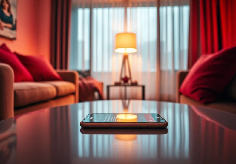 The scene of an inviting space showcasing AI sexting on a smartphone, capturing intimacy and modern relationships.