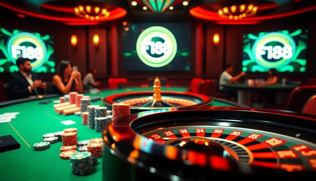 Experience the thrill of F168 with an upscale casino scene featuring poker chips and cards.