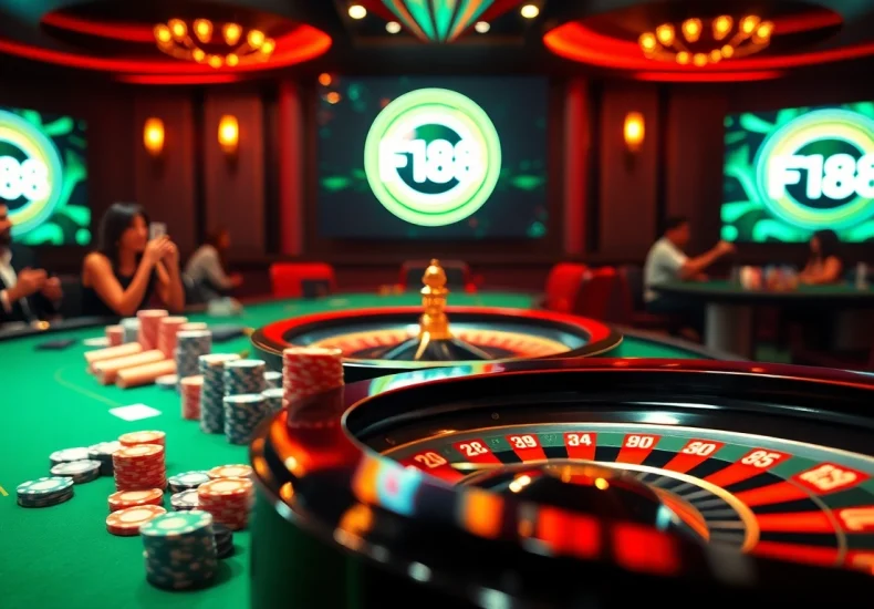 Experience the thrill of F168 with an upscale casino scene featuring poker chips and cards.