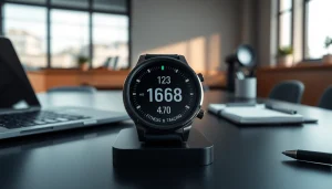 LC88 smart watch displayed on a sleek desk, showcasing HD display and fitness metrics.