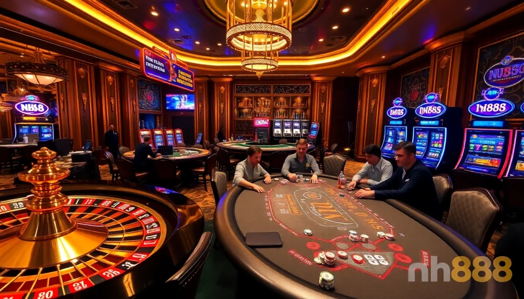 Experience high-stakes gaming at nh88 with an elegant casino scene showcasing roulette, poker, and vibrant slot machines.