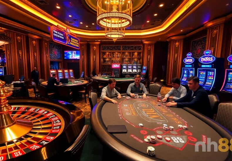 Experience high-stakes gaming at nh88 with an elegant casino scene showcasing roulette, poker, and vibrant slot machines.