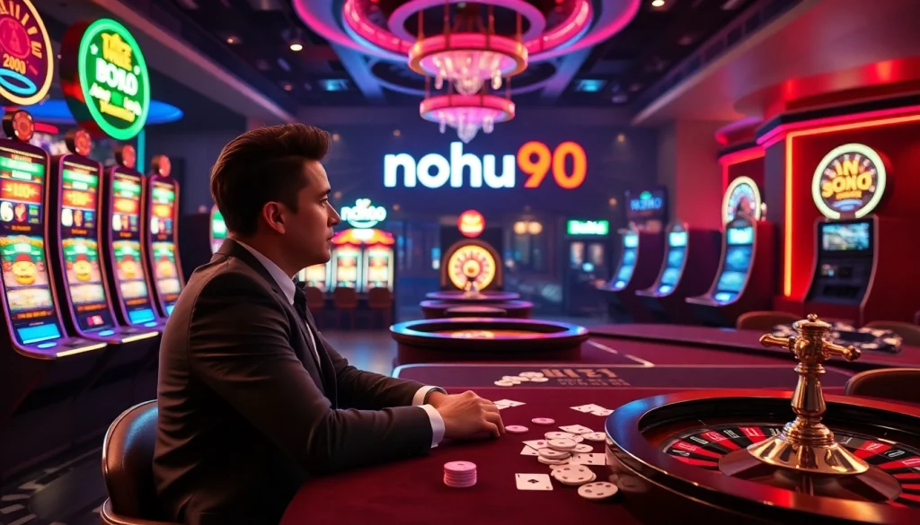 Nohu90 gaming experience with vibrant slots, cards, and roulette in a luxurious casino setting.