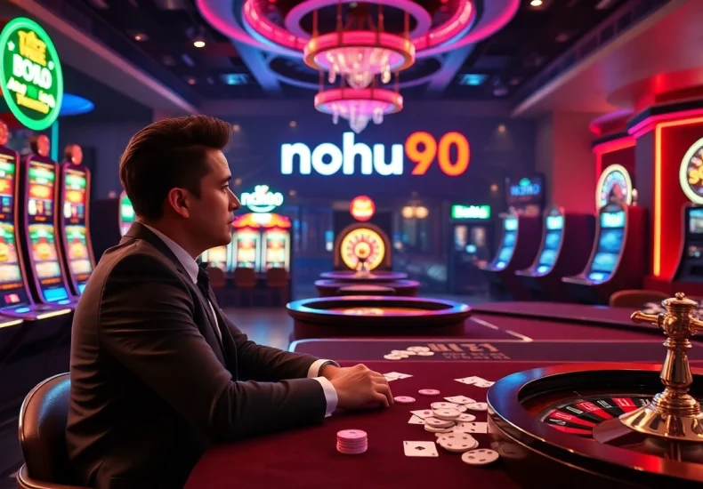 Nohu90 gaming experience with vibrant slots, cards, and roulette in a luxurious casino setting.
