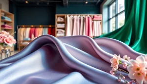 Verken satijn stof met diverse kleuren en texturen in een elegante showroom.