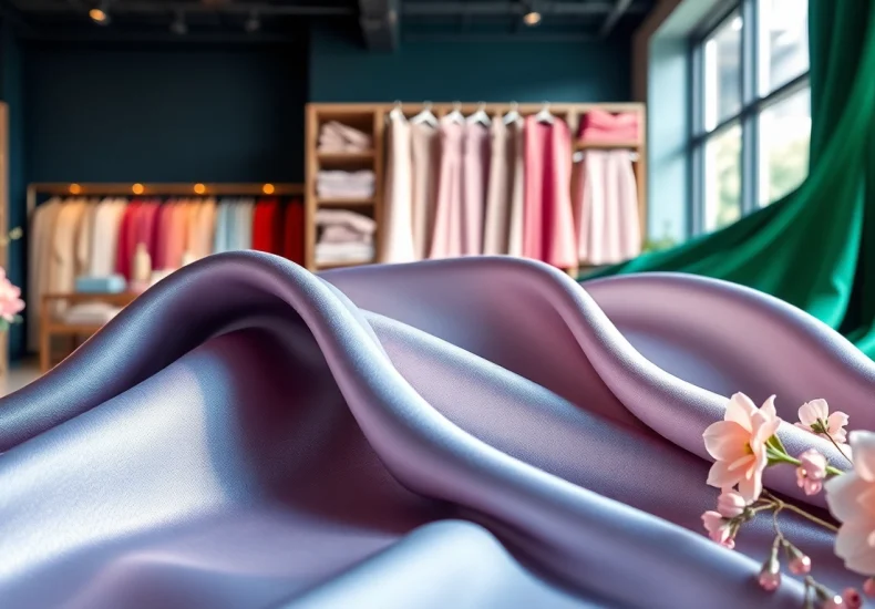 Verken satijn stof met diverse kleuren en texturen in een elegante showroom.