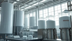 Industrial sweetener production process with modern machinery and clean environment.