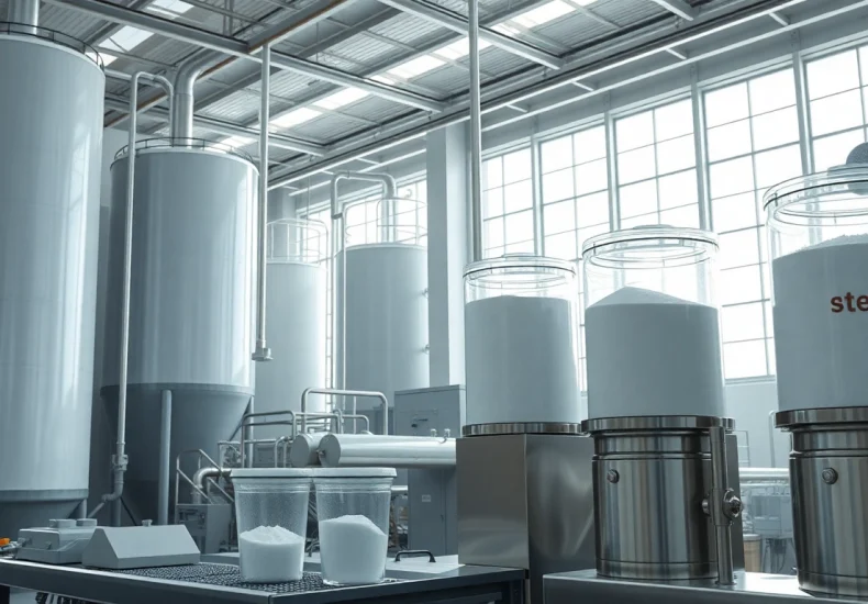 Industrial sweetener production process with modern machinery and clean environment.