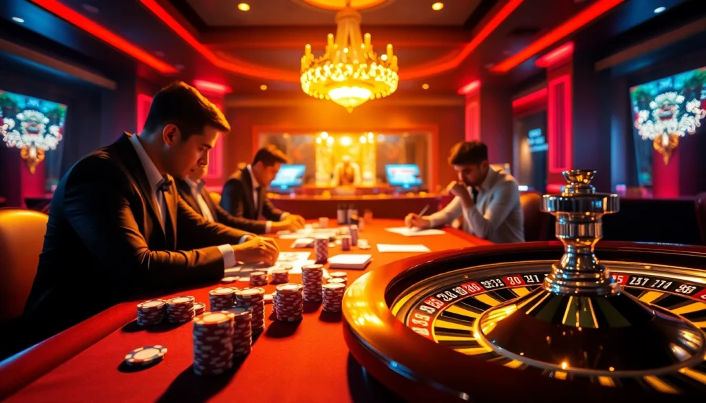 Experience the thrill of winning at https://www.6rwin33.com/ with vibrant casino visuals featuring poker chips, cards, and a roulette wheel.